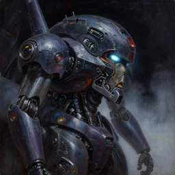 a dark and colorful close - up side profile portrait of a sci - fi mecha robot with led lights glowing fog in the background. highly detailed science fiction painting by norman rockwell, frank frazetta, and syd mead. rich colors, high contrast, gloomy atmosphere, dark background. trending on artstation