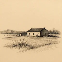 A serene landscape with a singular building in the style of charcoal sketch on craft paper
