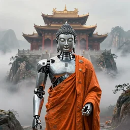 a detailed robotic cyberpunk buddha with an orange robe, a detailed temple on a misty mountain, volumetric fog, perspective painting, atmospheric shot, cinematic establishing shot, in the style of greg rutkowski, artstation, 4 k,