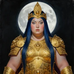 painting of junoesque plus size mongolian priestess of the moon, golden filigree armor and tiara, moon above head, dark blue straight hair, smooth translucent skin, wide striking eyes, beautiful! coherent! by brom, by brian froud, strong line, high contrast, muted color, 4 k, trending on artstation