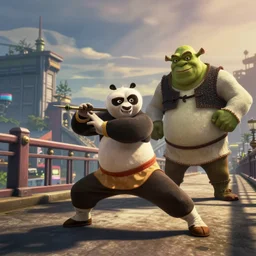 trevor philips playing kong fu panda with shrek on a bridge, gta v style,