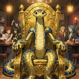an ethereal humanoid snake with arms, golden scales and blue accents across its design, seated in a lively tavern full of fantasy spirits and heroes, stood by a large golden throne, warm lights, lighthearted celebration, art by yuji ikehata and satoshi kon, background art by miyazaki, realism, proper human male proportions, fully clothed, dungeons and dragons, anime