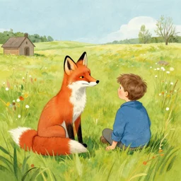 a fox and a boy sitting in a field by jon klassen