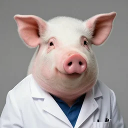 portrait of a scientist pig wearing a lab coat, very beautiful sharp, detailed, high quality, by greg rutkowski, artgerm