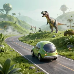 a spherical car driving down the road, t - rex and humans dancing in the background, smoky, green hills, many interstellar plants, futuristic concept design, airy landscape, high detail rendering by octane, unreal engine, 8 k, cinematic grade.