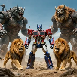 full - color cinematic movie still from a live - action voltron action film directed by michael bay. the scene features the robotic lions from voltron fighting against ugly kaiju monster robeasts on the planet arus. realistic movie of golion. highly - detailed ; photorealistic ; epic.