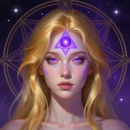 portrait of a gallent girl with glowing purple third eye chakra and golden hair, geometric third eye triangle, sci - fi face, sacred geometric mandal background, breathtaking stars, elegant, highly detailed, digital painting, artstation, concept art, smooth, sharp focus, illustration, art by artgerm and greg rutkowski and alphonse mucha, psychedelic