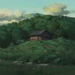 A moody landscape with a singular building in the style of ghibli