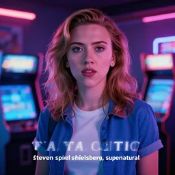 “ scarlett johansson portrait, stranger things character, 8 0 s, neon, high school, student, vhs, arcade, fiction, steven spielberg, supernatural ”