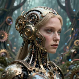 35mm portrait of an intricate and sophisticated borg with the face of Jeri Ryan , on the background of a weird magical mechanical forest. Round gears visible inside her hear. Very detailed 8k. Fantasy cyberpunk horror. Sharp. Cinematic post-processing
