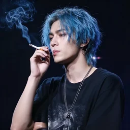 a skinny white male singer with medium-length messy blue hair smoking a cigarette