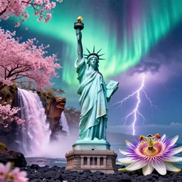 statue of liberty on holokalani black beach of maui in royal blue antelope canyon during sakura season on an interstellar aurora borealis with heavy thunder and lightning, pink waterfalls, passion flower, by peter mohrbacher, james jean, james gilleard, greg rutkowski, vincent di fate, rule of thirds, octane render, beautiful landscape