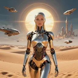 centered detailed portrait of a beautiful cyborg in the desert, single character, volumetric, sci fi, space ships in the enviroment, fantasy scheme, wonderfull city in the background | coherence | art by jean giraud and moebius