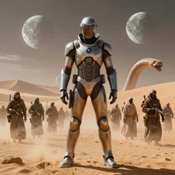 muad'dib in a advanced still suit designed by northrop grumman hr giger tom ford moebius and yasushi nirasawa, photorealistic, hdr, 8 k, octane render, the moons of dune in background, desert landscape, mist, a horde of fremen with military gear and weaponry, a giant sand worm in background, 4 k, vray, volumetric lighting