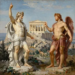 an awe - inspiring raphael lacoste and noah bradley landscape painting of zeus, poseidon, and hades discussing the fate of humanity at the acropolis atop mount olympus
