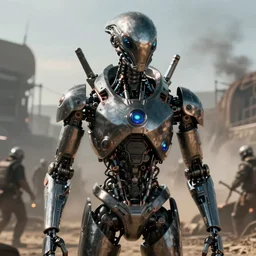 VFX movie of a futuristic alien robot mercenary closeup in war zone, natural lighting by Emmanuel Lubezki
