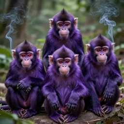 purple monkeys with red eyes smoking. they are mean bad boys