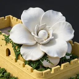 giant big detail white   megastructure ivy flower grow along the wall fortress yellow stone borderland style vivid colorful  Hyperrealistic CGI Photorealistic cinematic volume lighting clear sky fanart on ArtStation  concept art