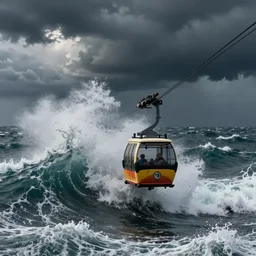 a cable car over the middle of a stormy ocean, large waves crashing over it, a detailed matte painting by richard wilson, trending on unsplash, environmental art, creative commons attribution, associated press photo, furaffinity