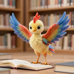 a cute adorable phoenix fledgling learning to read in a library #Realistic
