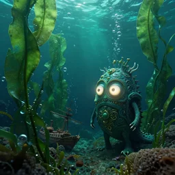 detailed effervescent ocean with large sea kelp and bubbles, an ornate, funny sea monster, creature with large glowing eyes and a a ship wreck, by maurice sendak, shaun tan made in hyperrealistic 3 d, octane render, dark green colours, sharp focus, 8 k, nighttime