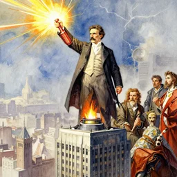 bioshock thunder magnate Nikola Tesla atop the skyscraper brandishing a radiant tesla coil watercolor bold marker winslow homer craig j. spearing thomas eakins greg rutkowski alexandre benois giotto maximilian pirner realism unreal engine render