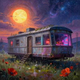 a beautiful photorealistic painting of architecture urbex nature industrial architecture building mobile home by thomas kinkade, cosmic morning sun alien poppy universe showers nature dramatic lighting san andreas at dawn cyberpunk neon noir at winter neon signs azeroth studio ghibli, archdaily, wallpaper, highly detailed, trending on artstation.
