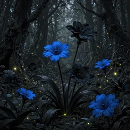 beautiful digital matte painting of whimsical botanical illustration forest black and blue flowers with fireflies enchanted dark background dark contrast by alena aenami, greg rutkowski