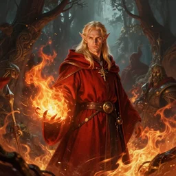 middle adged blonde male elf wizard in red robes, surrounded by fire, epic wallpaper, high fantasy, trees, intricate detail, digital painting, artstation, concept art, smooth, sharp focus, illustration, art by greg rutkowski and wlop and raymond swanland and ross tran