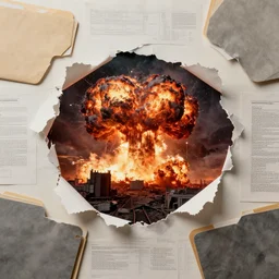 ripped paper, folders and documents, nuclear blast and explosion, beksinski, dariusz zawadzki, very coherent symmetrical artwork. cinematic, hyper realism, high detail, octane render, 8 k