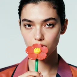 a studio close - up portrait of a a fashion model smelling a plastic toy flower. surreal photograph, lo - fi, polished look, silly and serious, hermes ad, fashion photography, toiletpaper magazine by pierpaolo ferrari and maurizio cattelan, 3 5 mm photograph, colourful, by pierpaolo ferrari, maurizio cattelan, david lachapelle