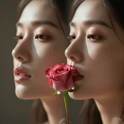 hight focus of a wonderful ultra photorealistic sweet wonderful symmetrical profile portrait of a lady with a clear skin, with a rose in the center of her lips, dramatic light, cinematic, artstation, octane render 8 k s 1