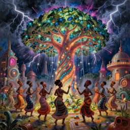 ( african women ) dancing around ( the electric dragon tree of life ) located under a ( glowing, energized, steampunk, neon portal ) in a lightning storm, ( by greg rutkowski, justin bua. ) oil on canvas, afropunk!!, afrofuturism, ( detailed and intricate environment ), global illumination, radiant lighting. highly detailed masterpiece