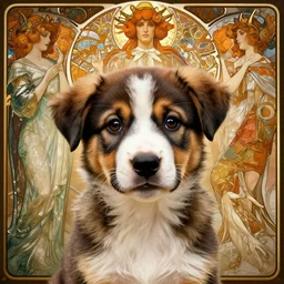 extremely detailed movie shot closeup portrait cute puppy, in the court of the crimson king, by denis villenueve, arnold bocklin, jean delville, amano, alphonse mucha, max ernst, david lynch, dynamic composition, 4 k, details octane