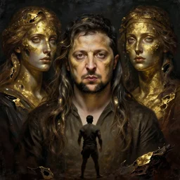 zelensky in dante's inferno painting, dark beauty, rotten gold, perfect faces, extremely detailed, cinema 4 d, unreal engine.