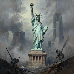grim oil painting of weaponized futuristic battlefield in front of a destroyed statue of liberty, magali villeneuve, trending on artstation