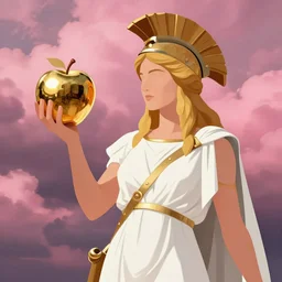 eris, greek goddess of chaos, holding an reflective gold!!! metal apple, discordia goddess of chaos, stormy pink clouds, in the trojan war, artstation, smooth, sharp focus, clean shaped illustration by kim jung gi, tomasz alen kopera, peter mohrbacher, donato giancola, joseph christian leyendecker, wlop, boris vallejo