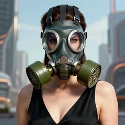 highly detailed portrait photo faceshot of a powerful female character, wearing a black dress. her face is covered in a gas mask in a scenic futuristic urban environment. hyperrealistic fashion illustration by boris vallejo and julie bell.