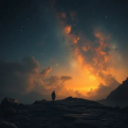 it is lonely at the end of the world, melancholic, vibrant night sky, warm lighting, cinematic, highly detailed, masterpiece by craig mullins, ruan jia, peter mohrbacher, norman rockwell, caravaggio
