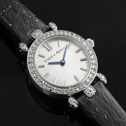 van cleef and arpels wristwatch studded with diamonds on a matte black background close up detailed watch hands