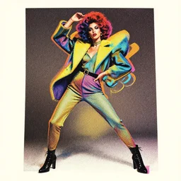 portrait of a retro avant garde fashion model with an exuberant surreal style, colorful, dynamic pose, beautiful realistic face, octane render, vray, detailed, wide angle, halftoned, editorial illustration, matte print, grainy light, ( ( dither ) ), risograph, high contrast, screen print, rich grainy texture