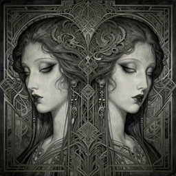 breathtaking detailed concept art painting art deco pattern of goth twin faces goddesses amalgamation symmetric, by hsiao - ron cheng, bizarre compositions, exquisite detail, extremely moody lighting, 8 k