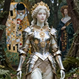 a masterpiece ultradetailed digital art of a beautiful girl in masterpiece armor. only body. baroque renaissance. in forest. medium shot, intricate, elegant, highly detailed. trending on artstation, by stanley artgerm lau, wlop, rossdraws, james jean, andrei riabovitchev, marc simonetti, yoshitaka amano. background by james jean and gustav klimt, light by julie bell, 4 k, porcelain skin.