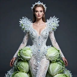expressive portrait of a beautifull godess in lace dress with ice crystals, dress made of cabbages, glamour shot, by karol bak, stefan gesell, photorealistic, nikon d 4 x, fashion photography, hyper maximalist, elegant, ornate, luxury, elite, environmental portrait, symmetrical features, octane render, unreal engine, solid dark grey background, dramatic lights, by