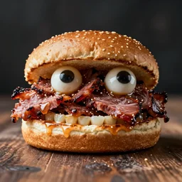 half pulled pork sandwich with eyes and teeth