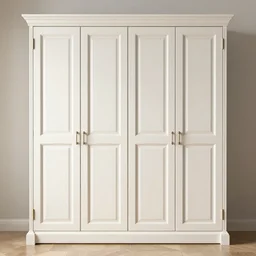complex 3 d render of a beautiful four - door wardrobe, symmetric door, height 2 0 7 cm, width 2 4 0 cm, wood - like laminate golden oak, black decorative elements, white walls in the room, closed doors, exclusive, unique, prestigious, photorealistic, beautiful lighting