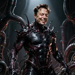 horror picture of elon musk black oily dark body horror scary pipes wires grinning