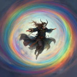 a slender wizard with horned mask levitating, flying, inside a wind twister that surronds the wizard, twister colored like the rainbow, art by greg rutkowski, by ilya kuvshinov, digital art, artstation, detailed, realistic, long hair