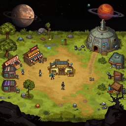 in front of some [ [ [ [ [ [ [ [ stores ] ] ] ] ] ] ] ] next to a remote outpost, on an alien planet, from a space themed point and click 2 d graphic adventure game, set design inspired slightly by tomb raider, art inspired by [ [ [ thomas kinkade ] ] ] and mark keathley and tyler edlin