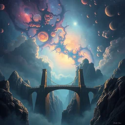 ! dream beguiling epic stunning beautiful insanely detailed matte painting of a bridge through nebula dream worlds designed by heironymous bosch, by cyril rolando and asher durand and natalie shau, whimsical, intricate - w 7 6 8 - c 1 0. 0 - n 4